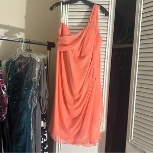 David's Bridal Bridesmaid Coral One-Shoulder Dress